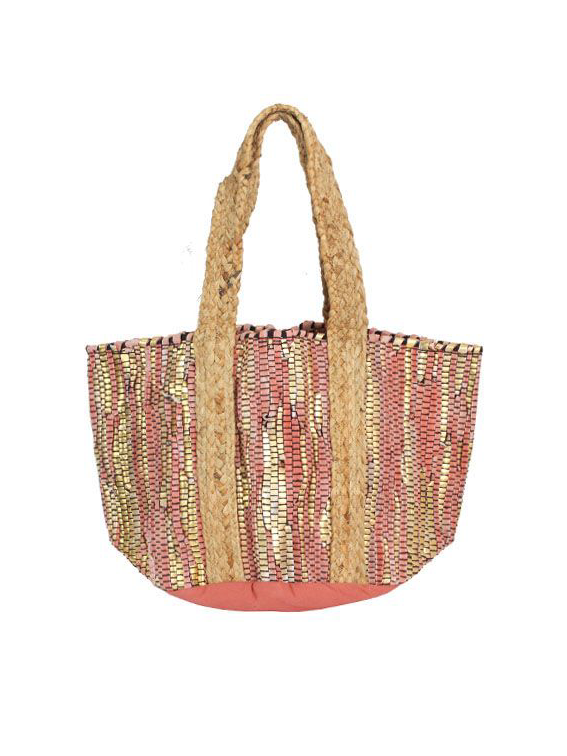 Suede and Jute Tote Bag in Blush Pink