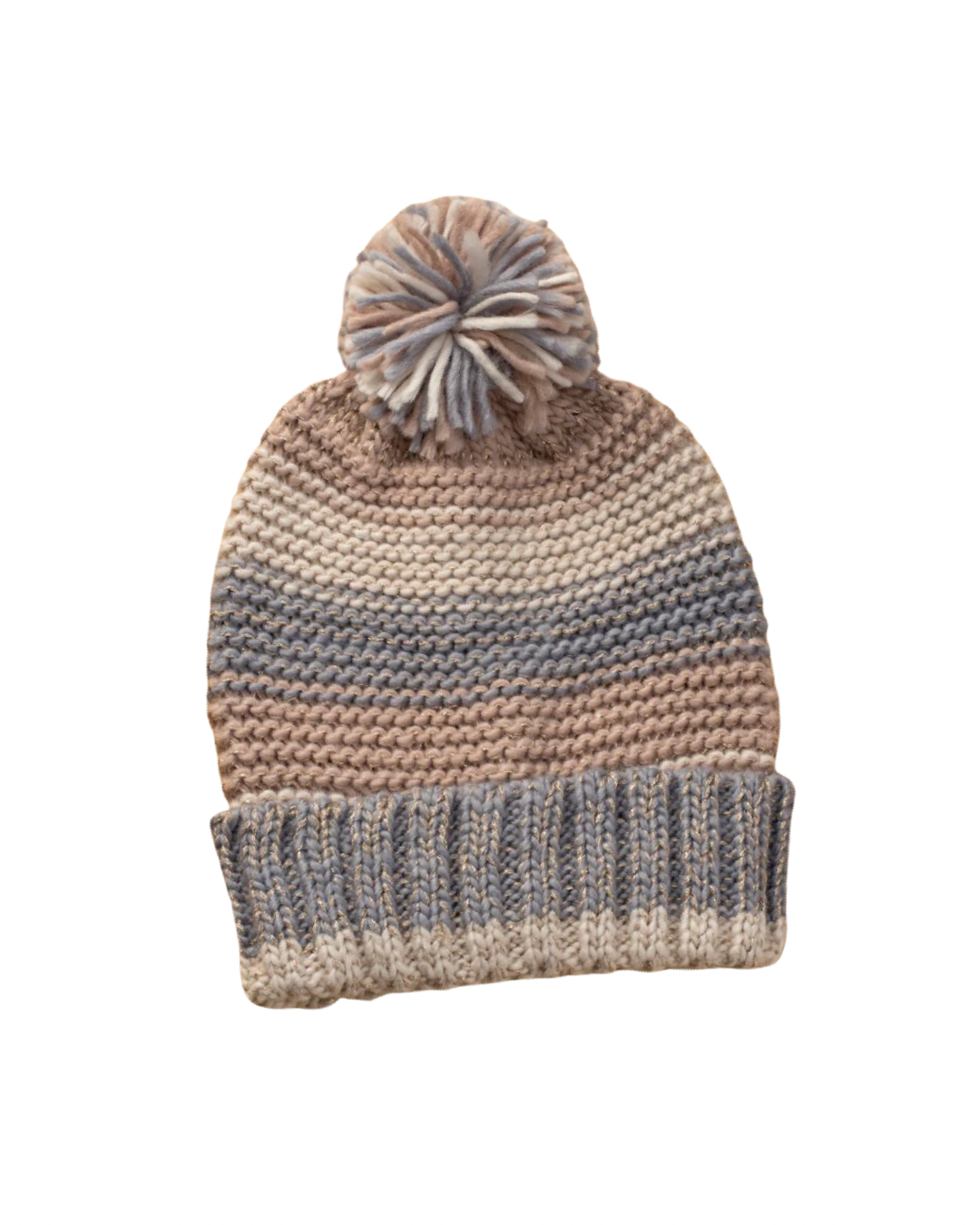 Striped Knit Pom Pom Hat in Pink and Blue