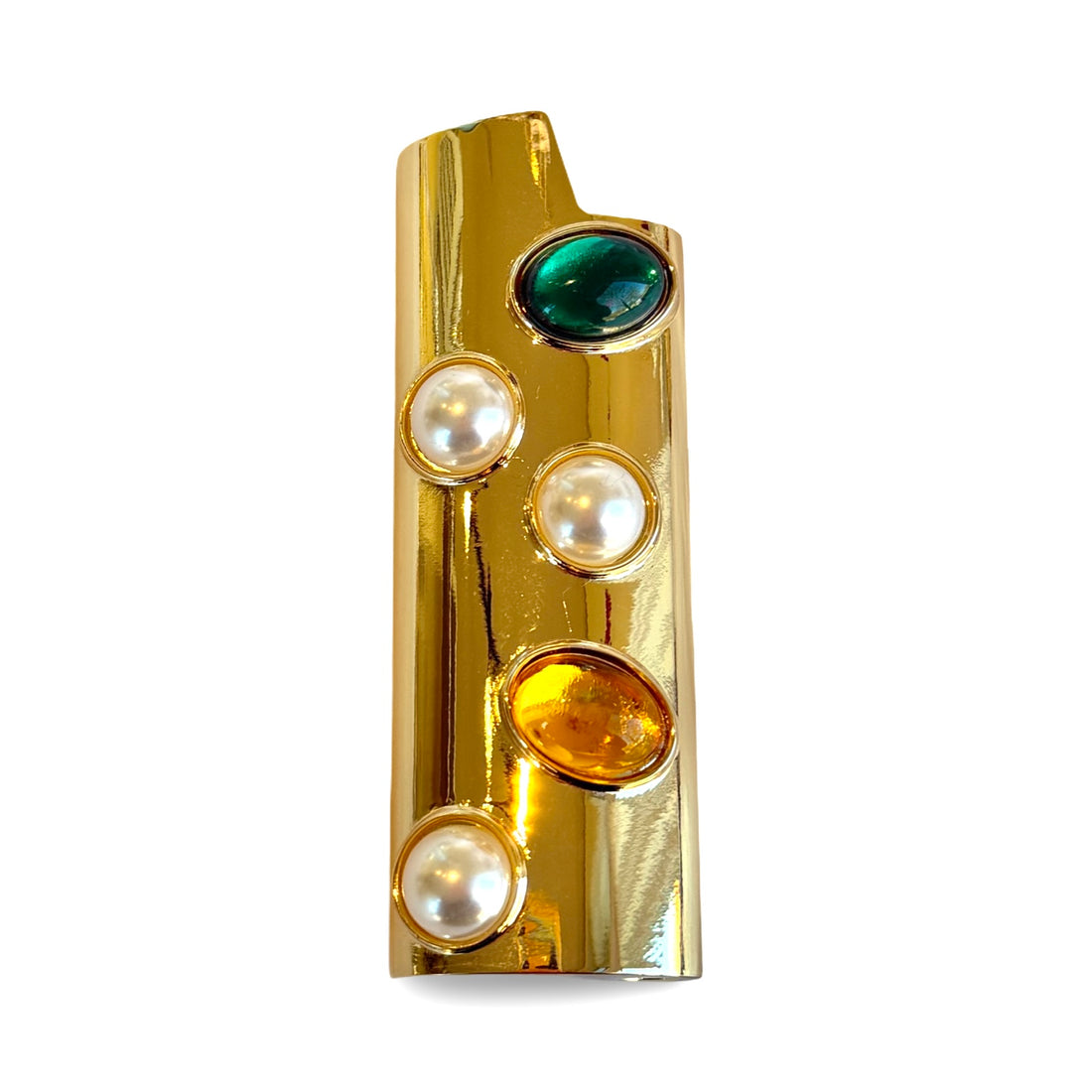 Bejeweled Lighter Case in Gold with Emerald and Pearl