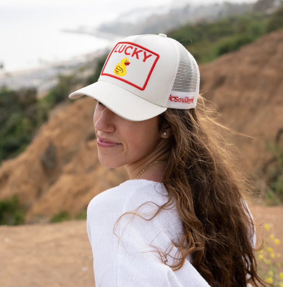 Lucky Duck Trucker Hat in Cream