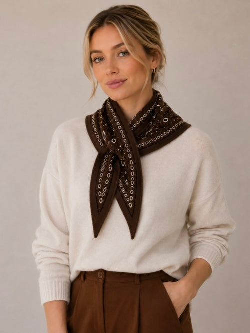 Knit Bandana Print Triangle Scarf in Cafe