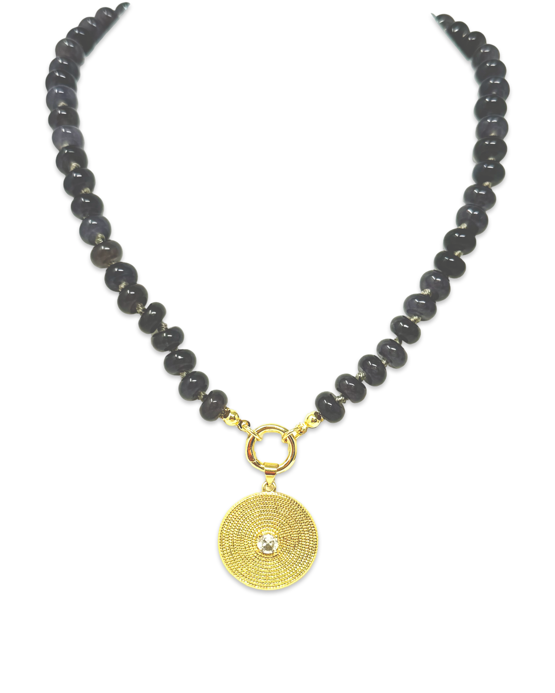 Beaded Gemstone Necklace with Charm Clip in Smokey Grey