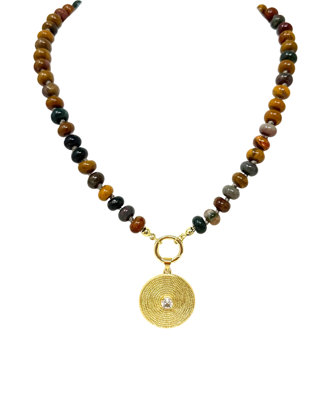 Beaded Gemstone Necklace with Charm Clip in Tigers Eye