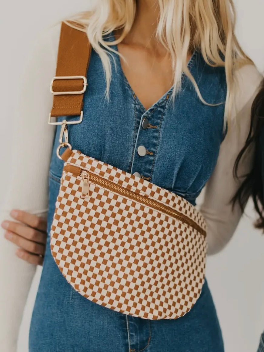 Chrissy Woven Sling Bag in Checkered Brown