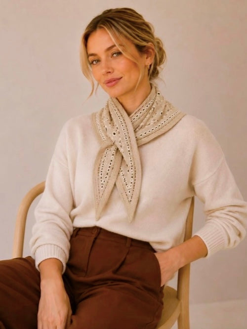 Knit Bandana Print Triangle Scarf in Beige