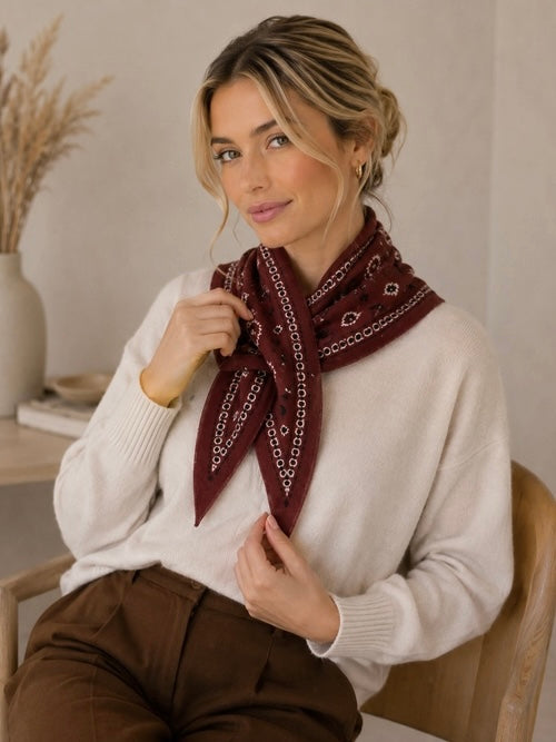 Knit Bandana Print Triangle Scarf in Burgundy