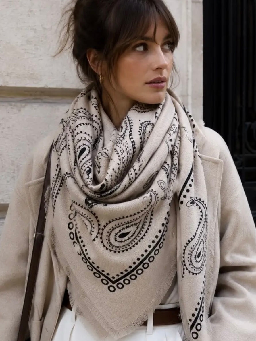 Large Paisley Print Scarf in Taupe