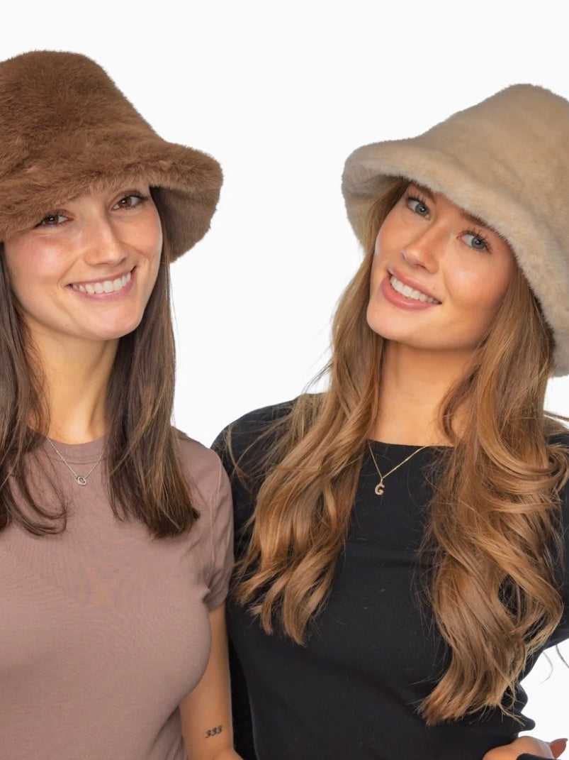 Faux Fur Bucket Hat in Beige