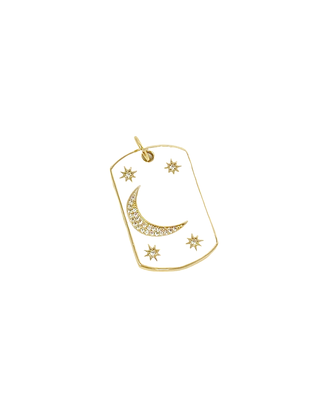 Charming White Enamel Tag with CZ Moon and Stars Charm in Gold