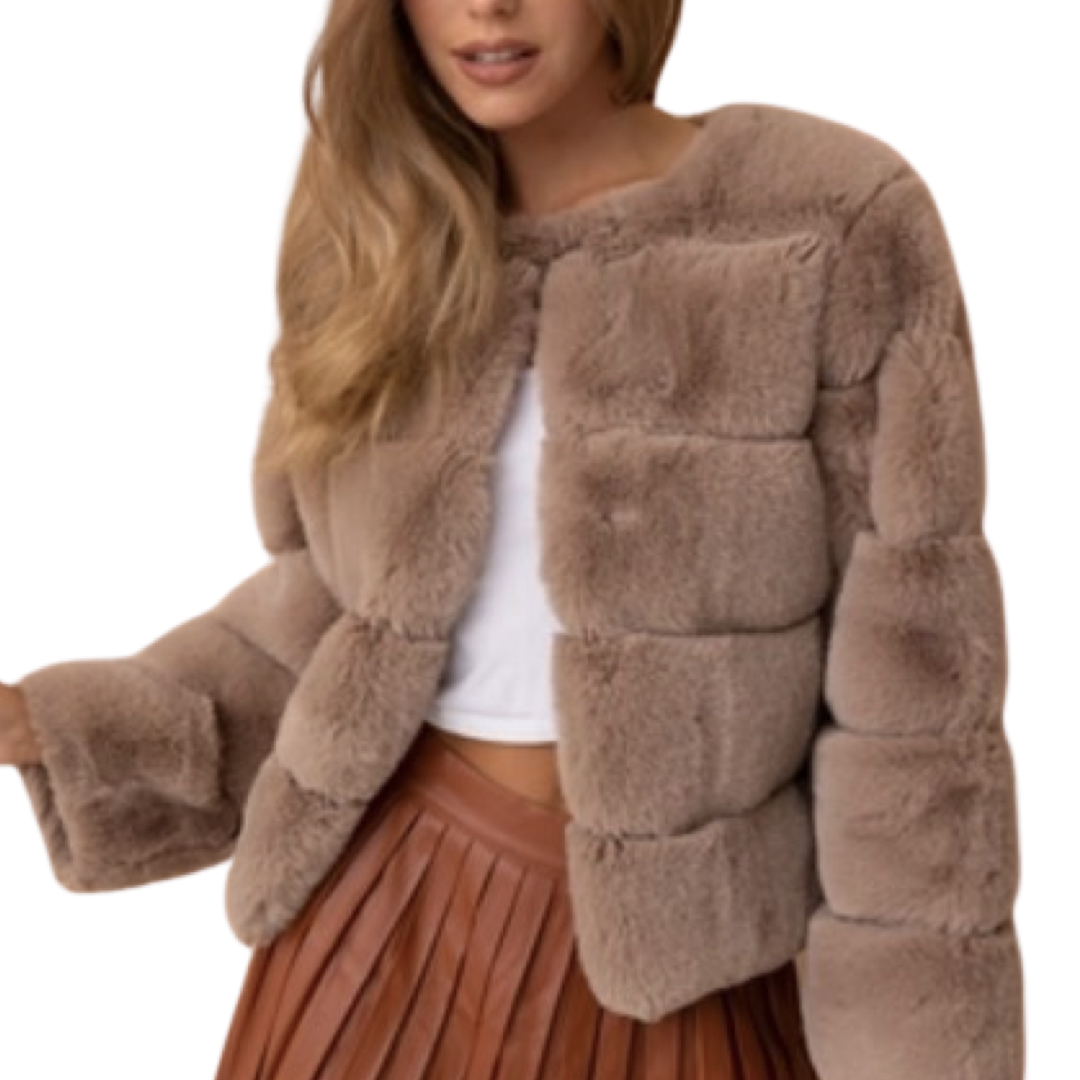 Ribbed Pattern Faux Fur Jacket in Taupe