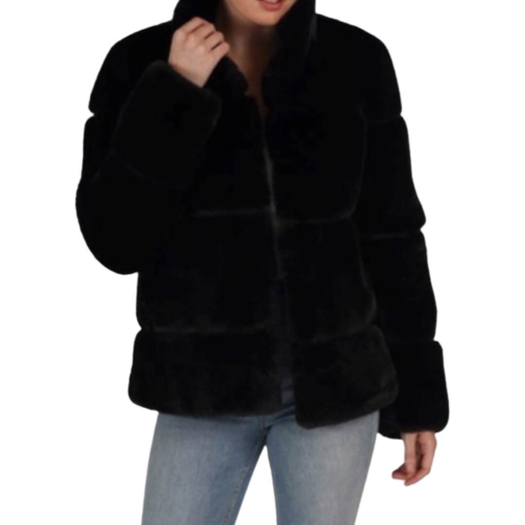 Quilted Pattern Faux Fur Jacket in Black