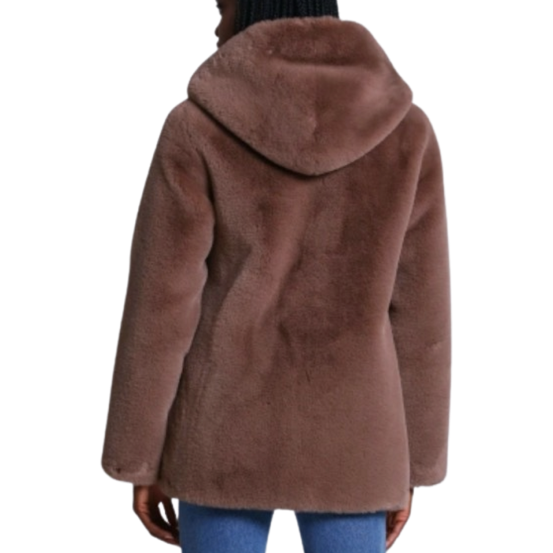 Hooded Faux Fur Jacket in Taupe