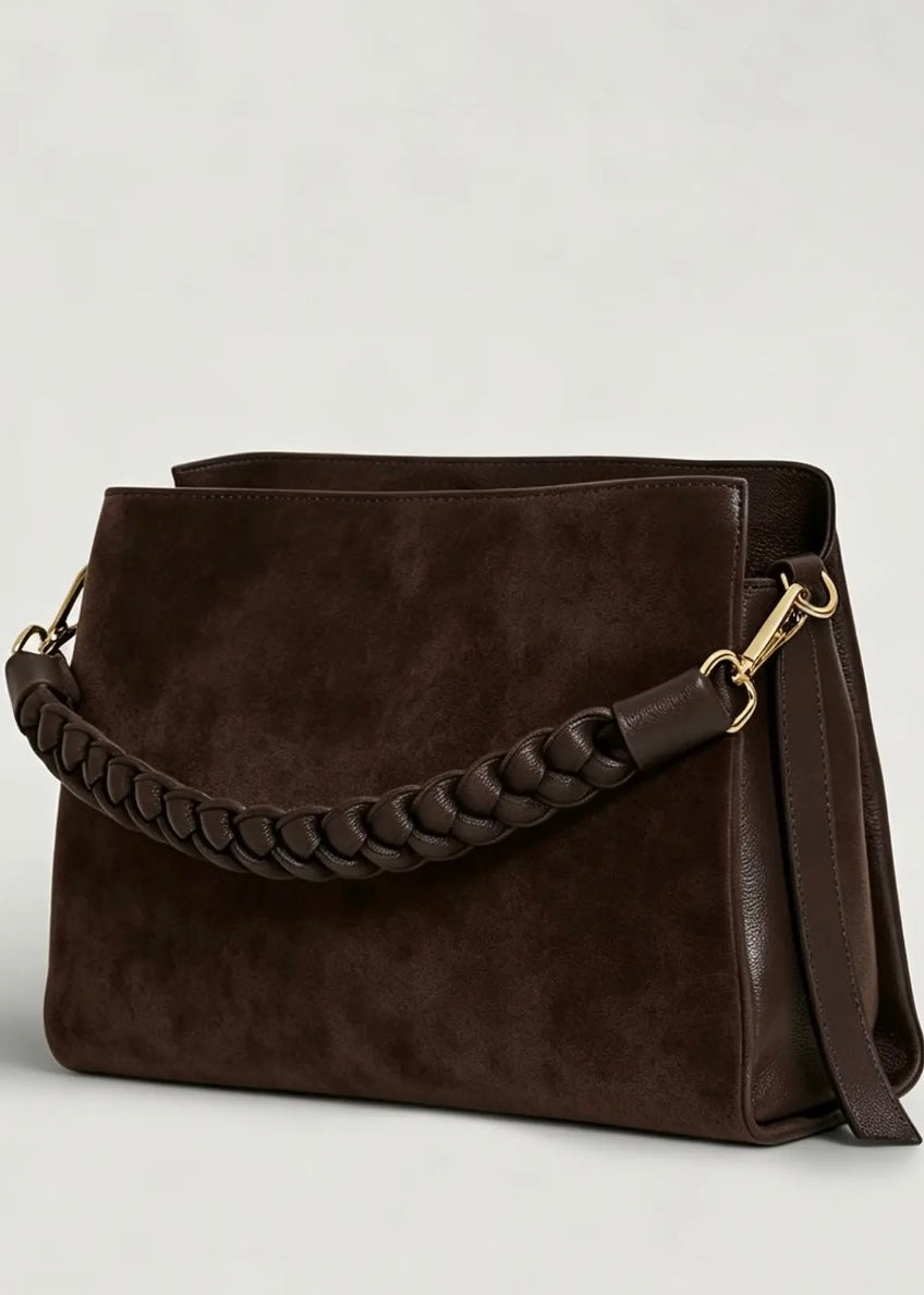 Treccia Suede Braided Handle Bag in Espresso Brown
