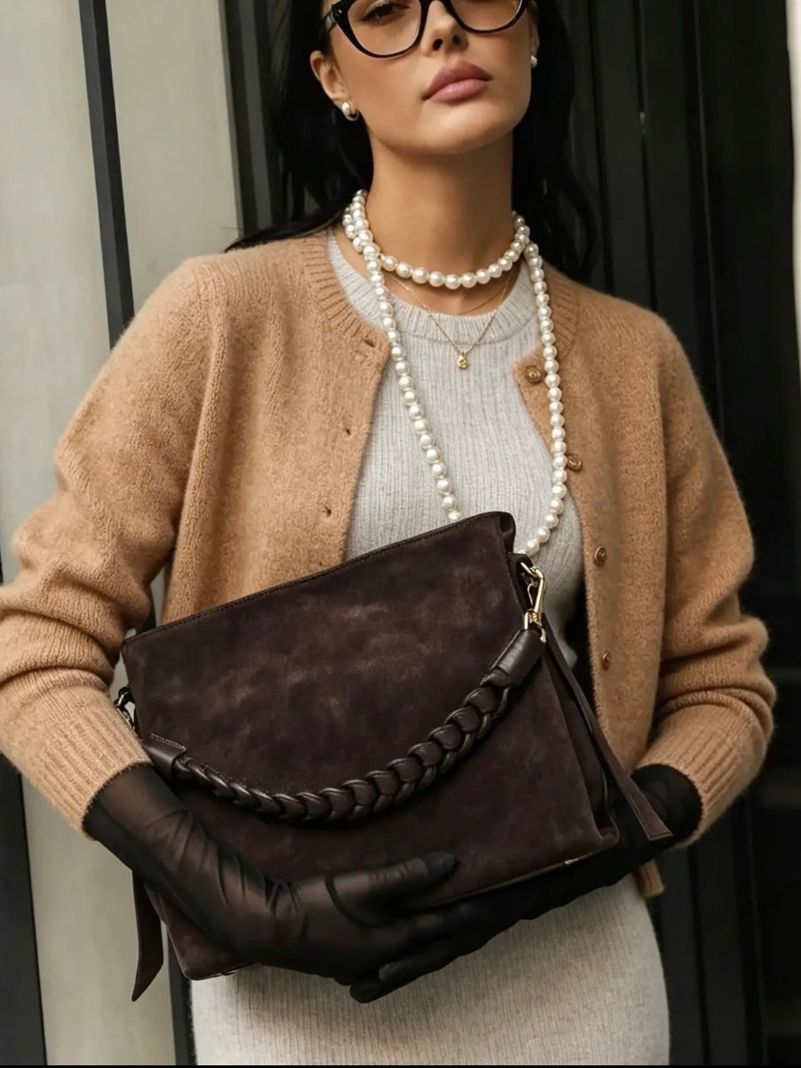 Treccia Suede Braided Handle Bag in Espresso Brown