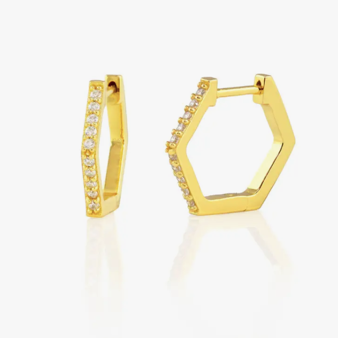 KN Hexagon Huggie Crystal Hoops in Gold