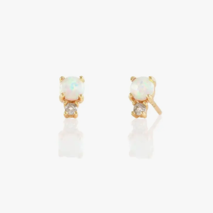 KN Two Stone Studs in Gold with White Topaz and Opal