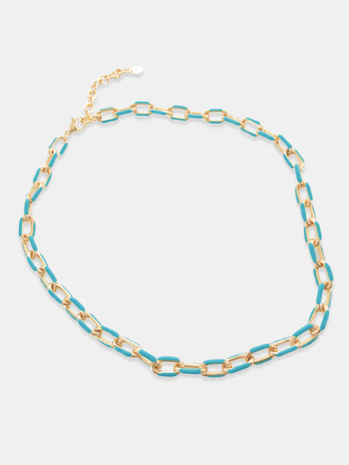Enamel Chainlink Necklace in Gold with Turquoise