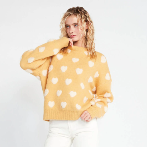 Fuzzy Heart Sweater in Mustard