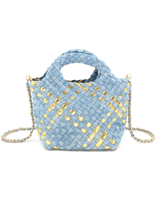 Micro Woven Bag in Denim with Gold