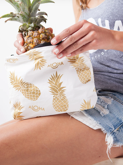 ALOHA Pineapple Fields Small Size Pouch in Gold on White