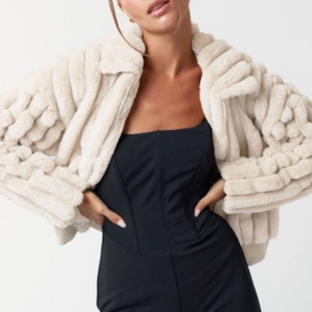 Ribbed Bomber Faux Fur Jacket in Ivory