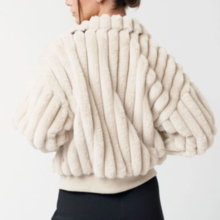 Ribbed Bomber Faux Fur Jacket in Ivory
