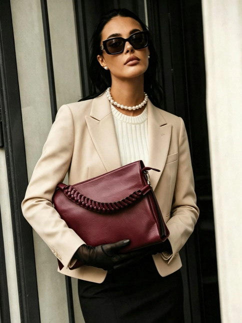 Treccia Leather Braided Handle Bag in Black