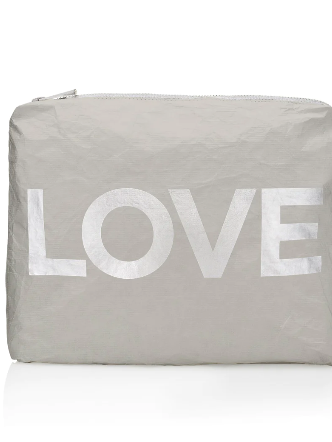 Hi Love Travel Medium Pouch in Earth Gray with Silver "LOVE"