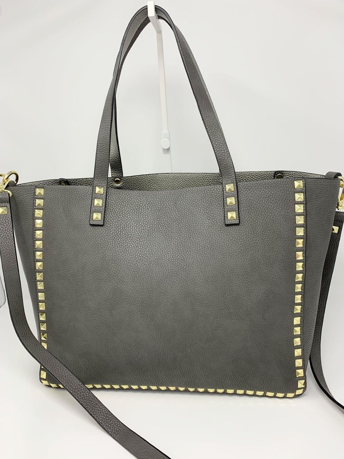 Large Studded Tote with Pouch in Dark Grey and Silver