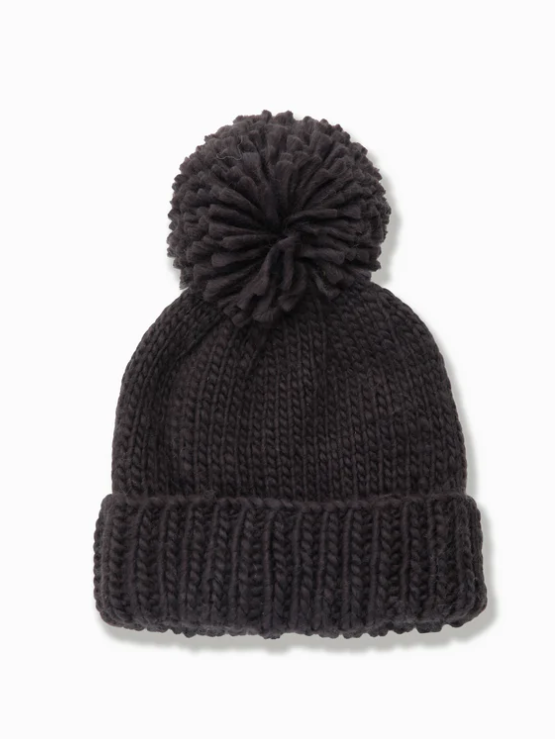 Hand-Knitted Basic Pompom Hat in Black
