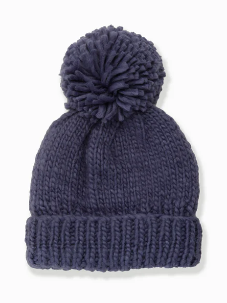 Hand-Knitted Basic Pompom Hat in Midnight Blue