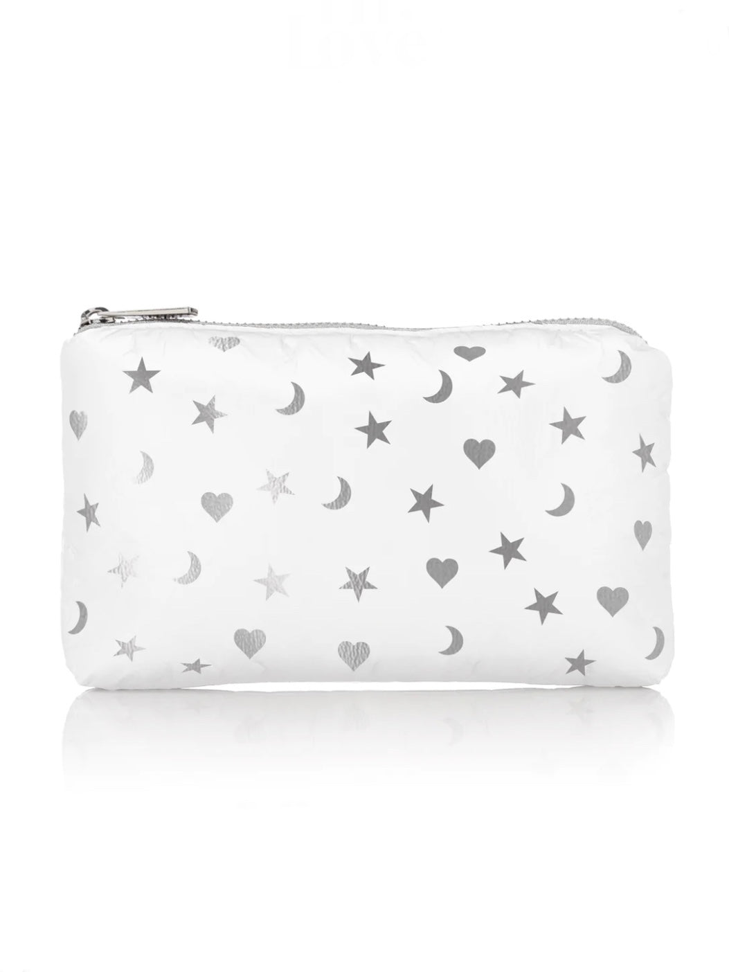 Hi Love Travel Shimmer White Small Pouch with Silver Hearts Moons and Stars