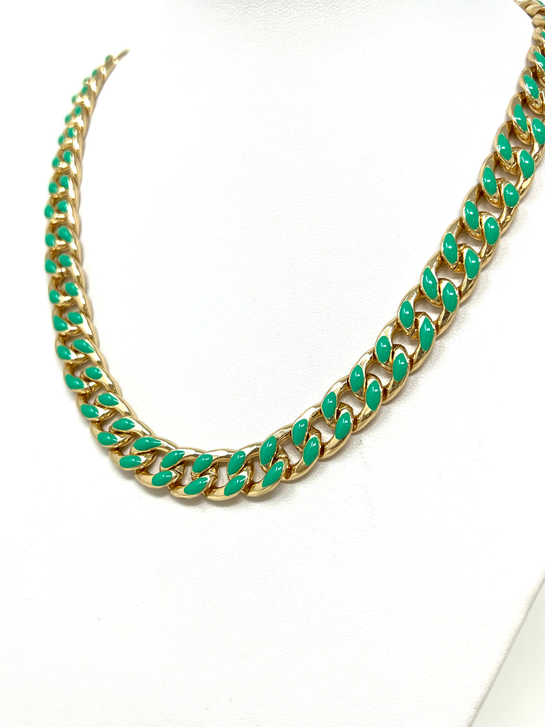 Enamel Curb Chain Necklace in Gold with Green