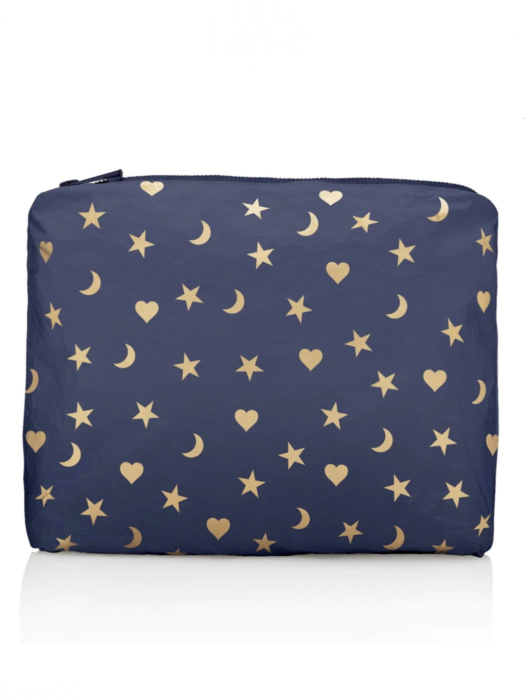 Hi Love Travel Matte Navy Medium Pouch with Silver Hearts Moons and Stars