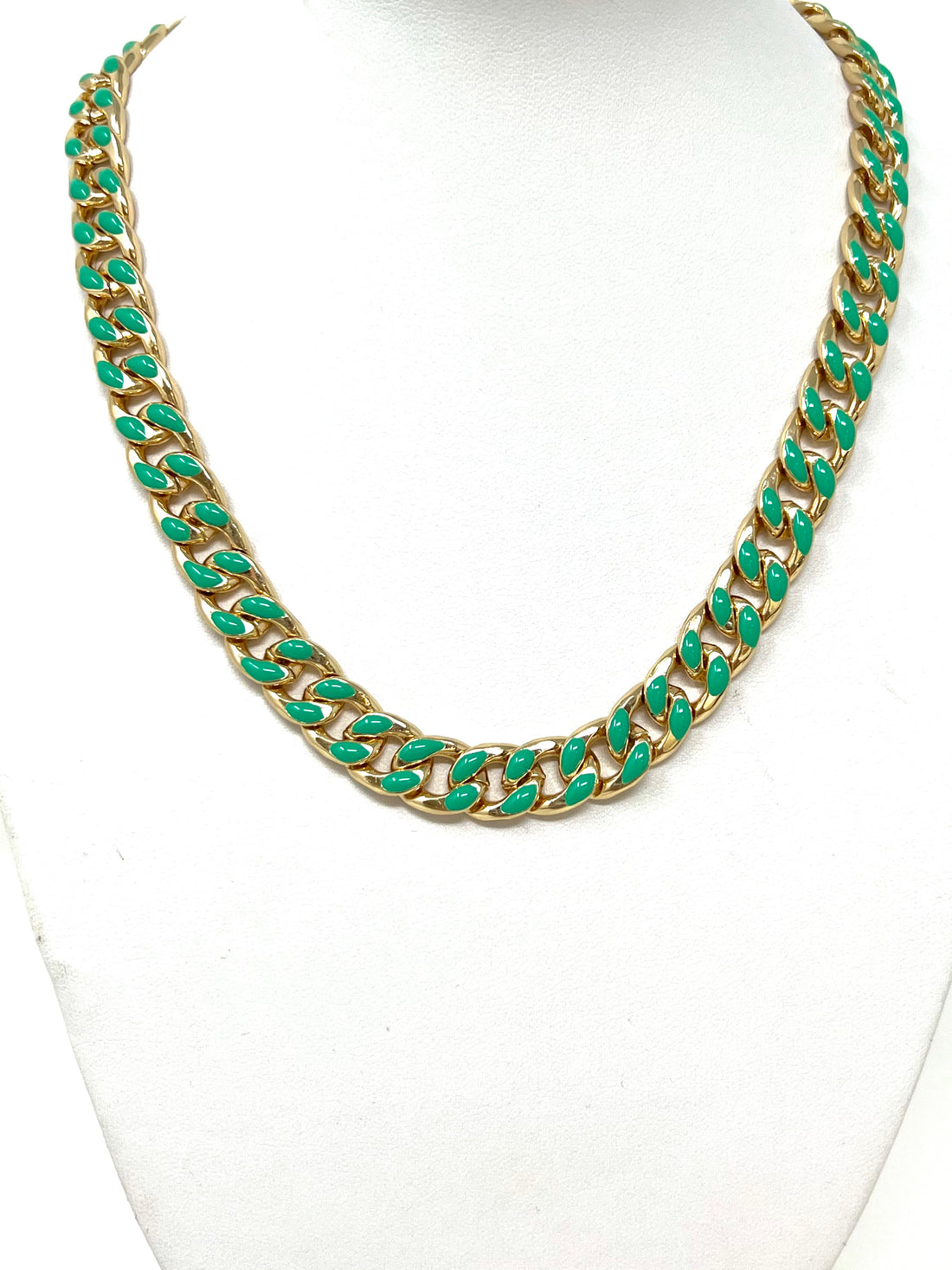 Enamel Curb Chain Necklace in Gold with Green