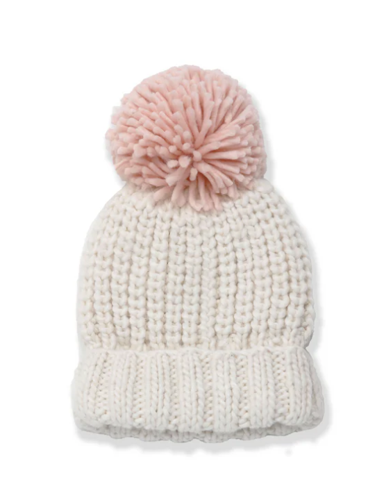 Hand-Knitted Two-Tone Pompom Hat in Ivory with Pink