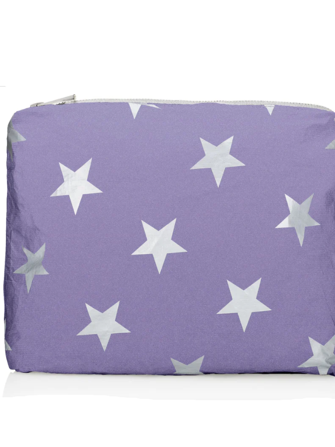 Hi Love Travel Medium Pouch in Shimmer Purple with Multi Silver Stars