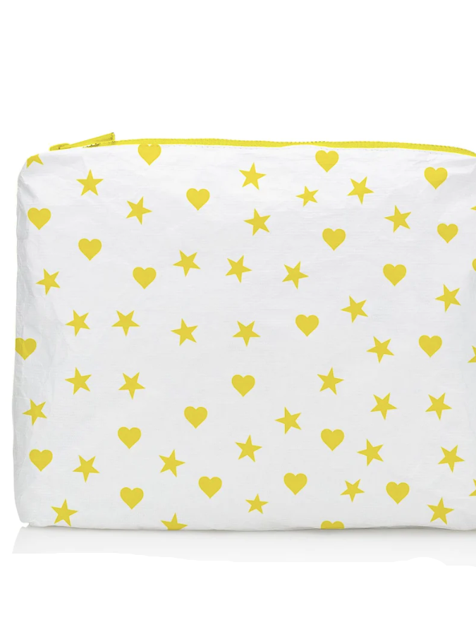Hi Love Travel Medium Shimmer White with Yellow Heart, Moon, and Stars Pouch